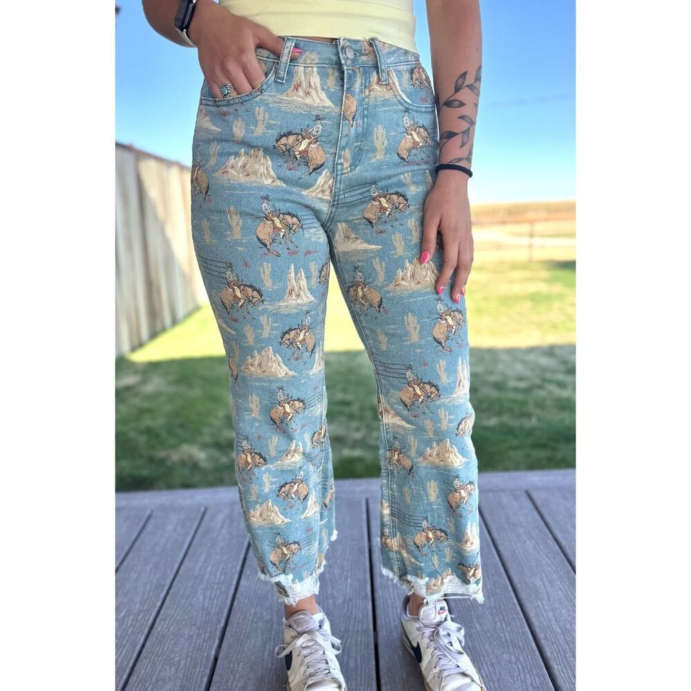 Cowboy Canyon Western Print High Rise Raw Hem Jeans Straight Leg Blue Boho